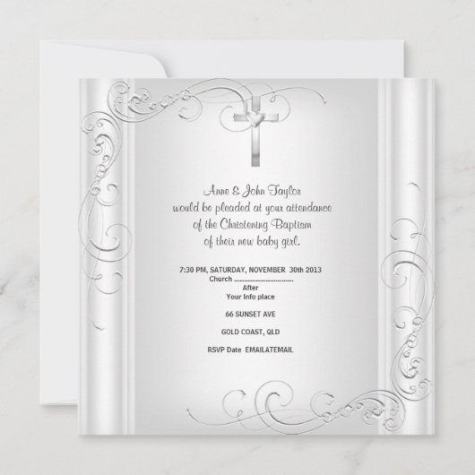 赤ちゃんの女の子または男の子の洗礼十字架ホワイト 招待状 (裏面)