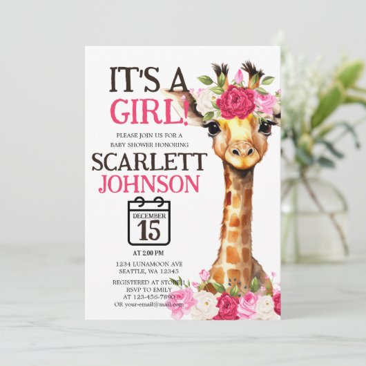 赤ちゃんの女の子キリン赤ちゃんシャワーのためのジェンダーの明かす 招待状 (スタンド正面)