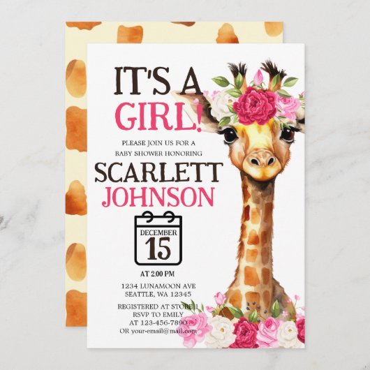 赤ちゃんの女の子キリン赤ちゃんシャワーのためのジェンダーの明かす 招待状 (正面/裏面)