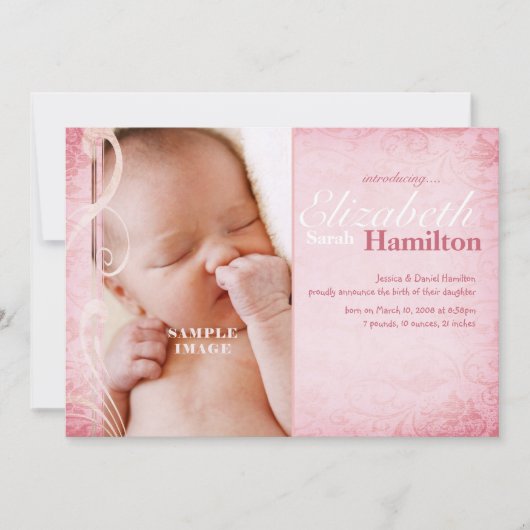赤ちゃんの女の子ピンクの出産の告知 案内状 (正面)
