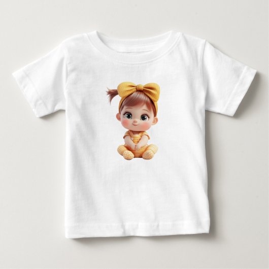 赤ちゃんの女の子 – かわいい黄色の漫画デザイン ベビーTシャツ (正面)