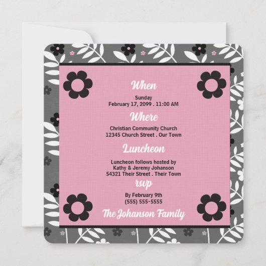 赤ちゃんの子の写真にピンク色のバプテモノグラムのスマ 招待状 (裏面)