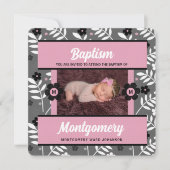 赤ちゃんの子の写真にピンク色のバプテモノグラムのスマ 招待状 (正面)