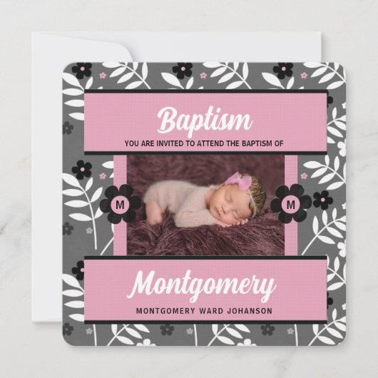 赤ちゃんの子の写真にピンク色のバプテモノグラムのスマ 招待状 (正面)