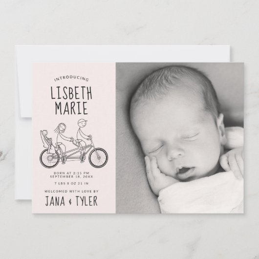 赤ちゃんの席付きのタンデム自転車のシルエット 招待状 (正面)