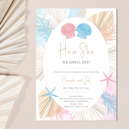 赤ちゃんの性別お披露目パーティーの招待状 He or She We Shell See 招待状