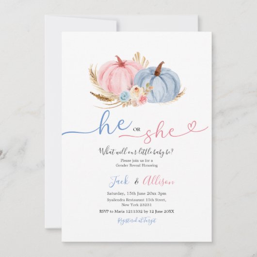 赤ちゃんの性別発表 ブルーギンガム ピンク パンプキン 招待状 (正面)