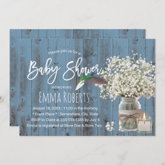 赤ちゃんの息とハミングバードほこりっぽい青い赤ちゃんシャワー 招待状 (正面/裏面)