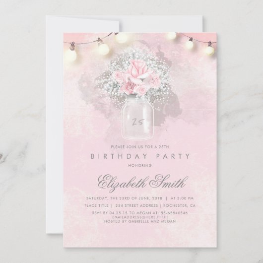 赤ちゃんの息とピンクのバラの誕生日素朴パーティー 招待状 (正面)