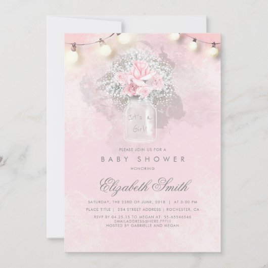 赤ちゃんの息とピンクのバラ赤ちゃん素朴のシャワー 招待状 (正面)