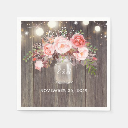 赤ちゃんの息とピンクのフローラメイソンジャー素朴 スタンダードカクテルナプキン (正面)