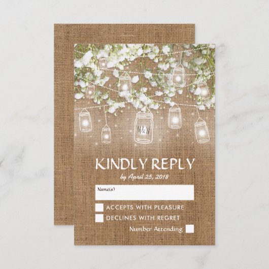 赤ちゃんの息のバーラップ素朴ウェディングRSVP 出欠カード (正面/裏面)