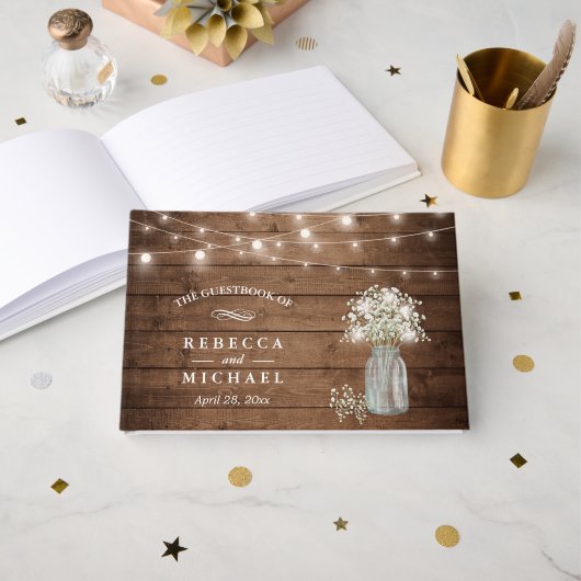 赤ちゃんの息のメイソンのジャール素朴ウッドライツ結婚ズ ゲストブック (正面見開き)