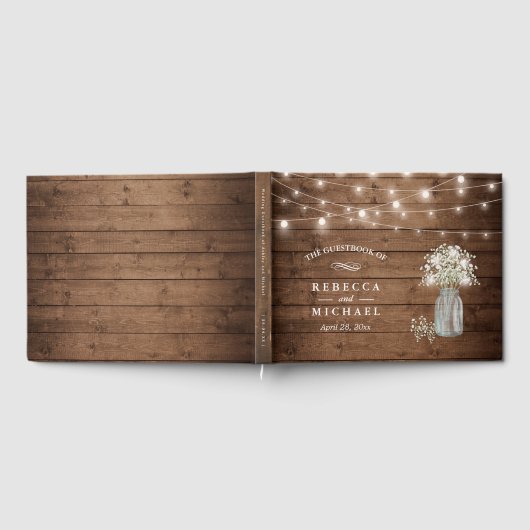 赤ちゃんの息のメイソンのジャール素朴ウッドライツ結婚ズ ゲストブック (全面)