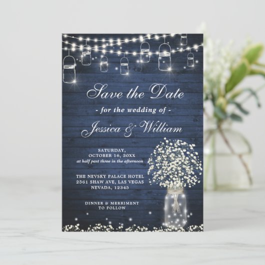 赤ちゃんの息のメイソンのジャール素朴ブルーウッド結婚ズ 招待状 (スタンド正面)