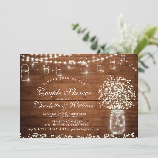 赤ちゃんの息のメイソンの瓶のカップル素朴シャワー 招待状 (スタンド正面)