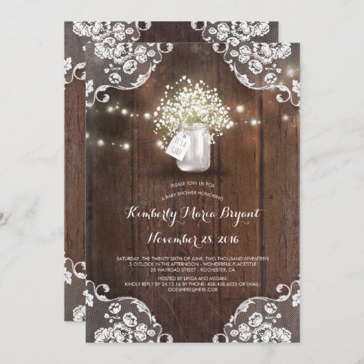 赤ちゃんの息のメイソンジャールバーンドウッドベビーシャワー 招待状 (正面/裏面)