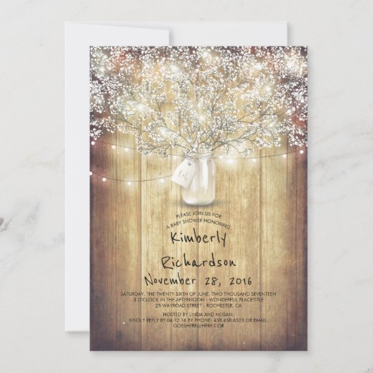 赤ちゃんの息のメイソンジャール素朴バーンドベイビーシャワー 招待状 (正面)
