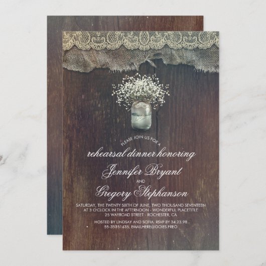 赤ちゃんの息のメイソンジャール素朴リハーサルディナー 招待状 (正面/裏面)