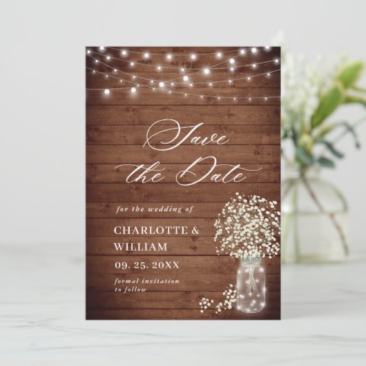 赤ちゃんの息のメイソン素朴ジャー結婚のQRコード セーブザデート (スタンド正面)