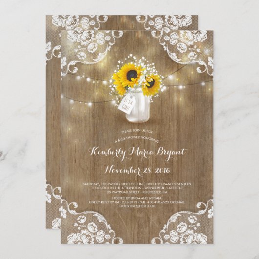 赤ちゃんの息のメイソンjarひまわり赤ちゃんシャワー 招待状 (正面/裏面)