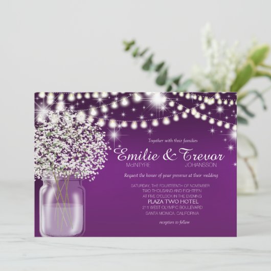 赤ちゃんの息のメイソンjar文字列ライトパープル 招待状 (スタンド正面)