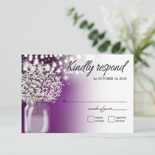 赤ちゃんの息のメイソンjar文字列ライトRSVPパープル 出欠カード (スタンド正面)