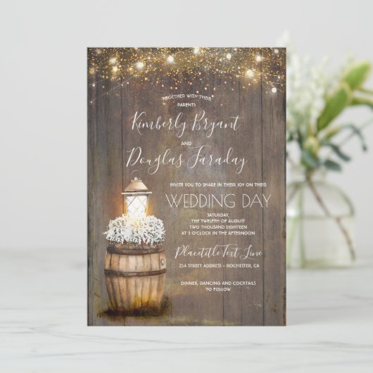 赤ちゃんの息のワインバレル素朴ランタン結婚ズ 招待状 (スタンド正面)