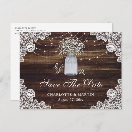 赤ちゃんの息の木のメイソンのjar結婚式日付を保存 案内ポストカード (正面/裏面)