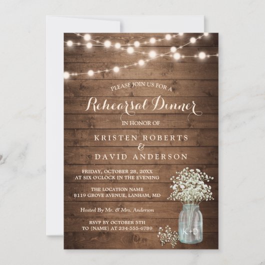 赤ちゃんの息の瓶の文字列ライトリハーサルディナー 招待状 (正面)