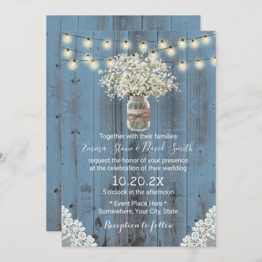 赤ちゃんの息の花ほこりっぽい青結婚い納屋 招待状 (正面/裏面)