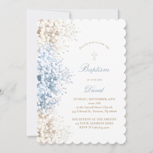 赤ちゃんの息の花男の赤ちゃんバプテスマ 招待状 (正面)