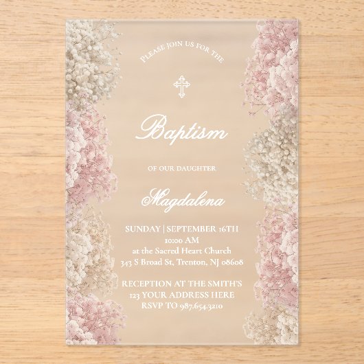 赤ちゃんの息の花 | ベビーガールバプテスマ アクリル招待状 (正面)