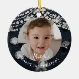 赤ちゃんの最初のクリスマスのデニムダイヤモンド真珠の写真 セラミックオーナメント
