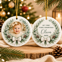 赤ちゃんの最初のクリスマスのリボンリースフォト セラミックオーナメント