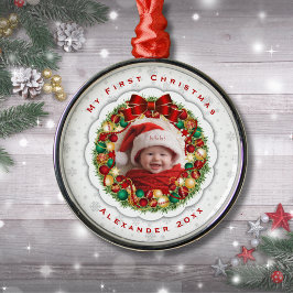 赤ちゃんの最初のクリスマスのリースの写真のオーナメント メタルオーナメント