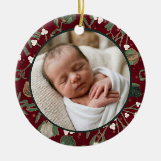 赤ちゃんの最初のクリスマスのヴィンテージな赤い花の写真 セラミックオーナメント