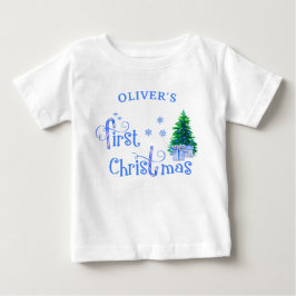 赤ちゃんの最初のクリスマスツリーと青いキャンディケーンの男の子 ベビーTシャツ