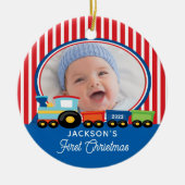 赤ちゃんの最初のクリスマストレインの写真 セラミックオーナメント (正面)