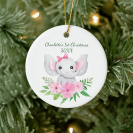 赤ちゃんの最初のクリスマスピンクの象の緑の花柄 セラミックオーナメント