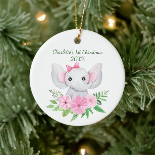赤ちゃんの最初のクリスマスピンクの象の緑の花柄 セラミックオーナメント (ツリー)