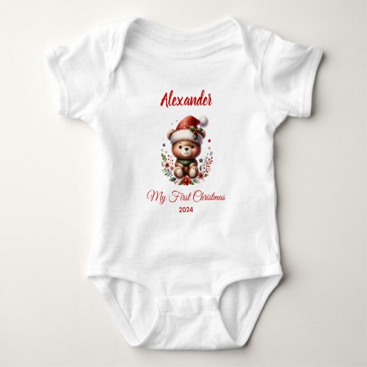 赤ちゃんの最初のクリスマス かわいいクマ 名入れ ベビーボディスーツ (正面)