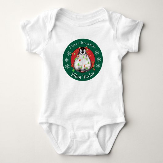 赤ちゃんの最初のクリスマス かわいいペンギン 名前入り ベビーボディスーツ (正面)