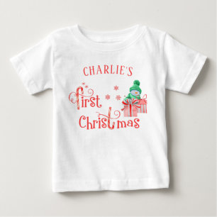 赤ちゃんの最初のクリスマス - かわいい雪だるまと雪の結晶 ベビーTシャツ