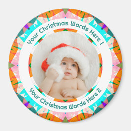 赤ちゃんの最初のクリスマス オレンジターコイズブルーの家族写真ギフト マグネット