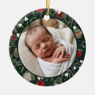 赤ちゃんの最初のクリスマス ビンテージグリーン フローラル 写真 セラミックオーナメント