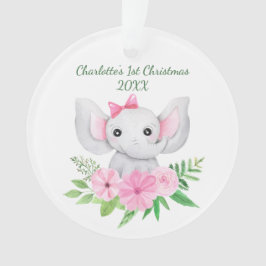赤ちゃんの最初のクリスマス ピンクの象 緑の花 オーナメント