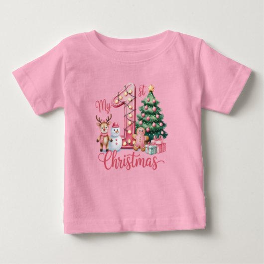 赤ちゃんの最初のクリスマス ピンク ベビーTシャツ (正面)