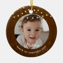 赤ちゃんの最初のクリスマス ラスティックウッドライトの写真 セラミックオーナメント