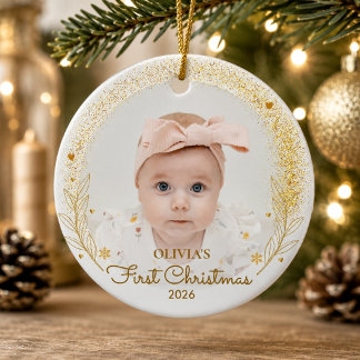 赤ちゃんの最初のクリスマス 写真 名前 年 金色 セラミックオーナメント